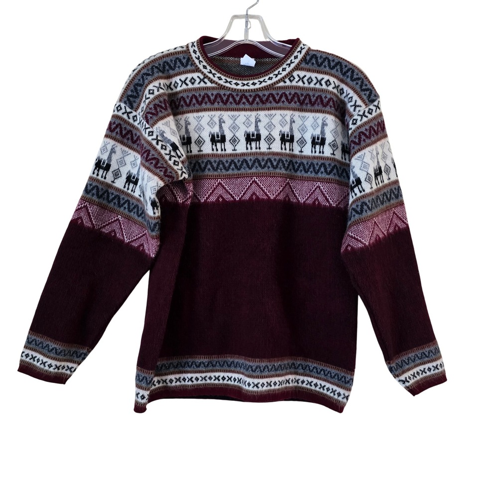 Andino Artesanias Llama Fair Isle Sweater Burgundy Knit Crewneck Wool Women's M